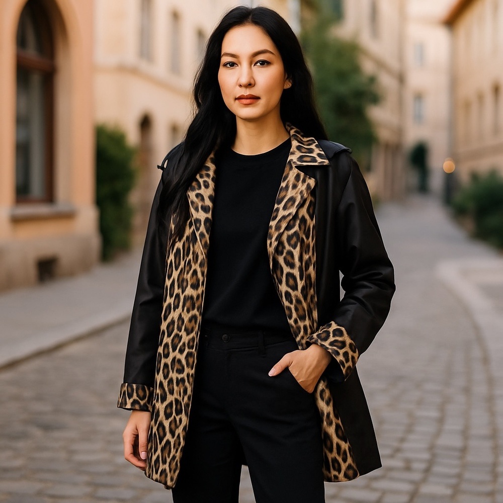 Michael Kors Reversible Leopard Print & Dark Brown Trench Coat Sz MP EUC